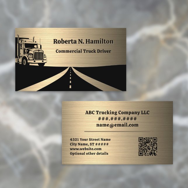 Commercial Truck Driver and Highway QR Code Gold Business Card (Creator Uploaded)