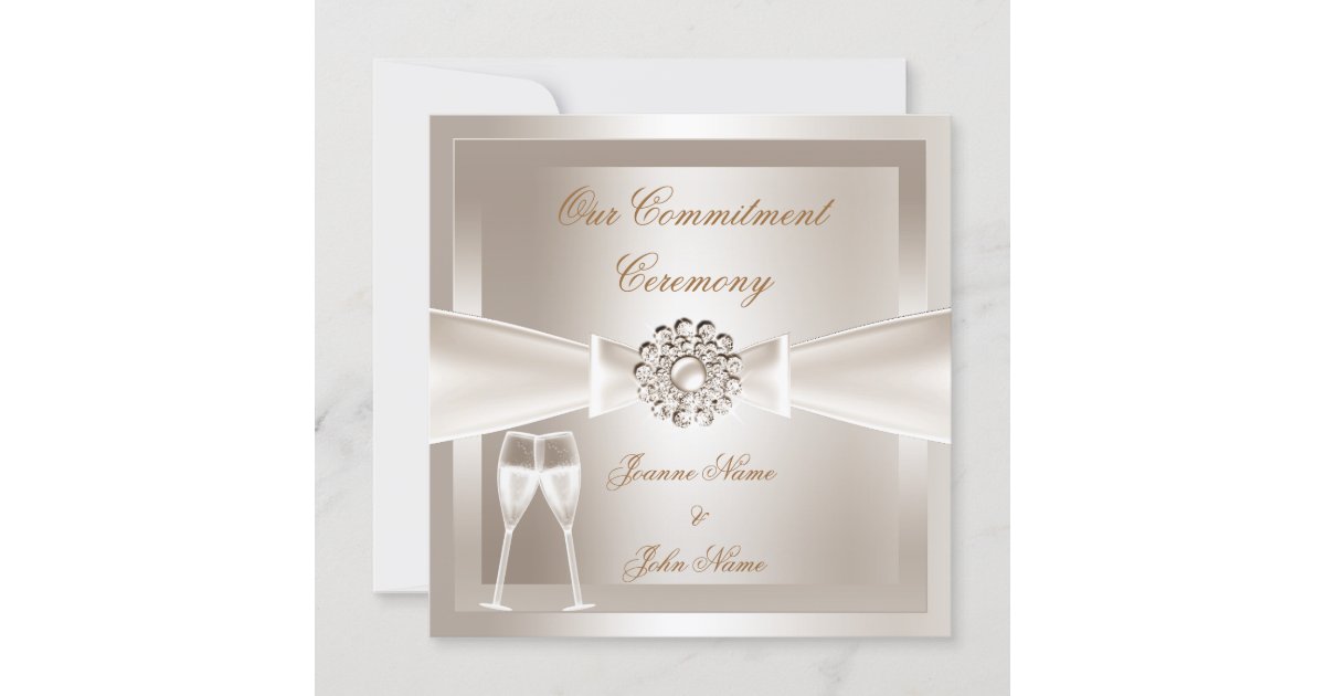 Commitment Ceremony Damask Cream White Champagne Invitation | Zazzle