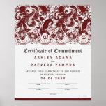 Commitment Ceremony Lace Wedding Certificate Poster<br><div class="desc">Preserve your wedding memories! Ceremonial Wedding Certificates for ALL Unions and Partnerships. ♥ Personalize to "make it your own" -- Re-word all text / all phrases to reflect your unique union. ♥ This certificate type features signature lines for the officiant, witnesses or Best Man and Maid of Honor to sign....</div>