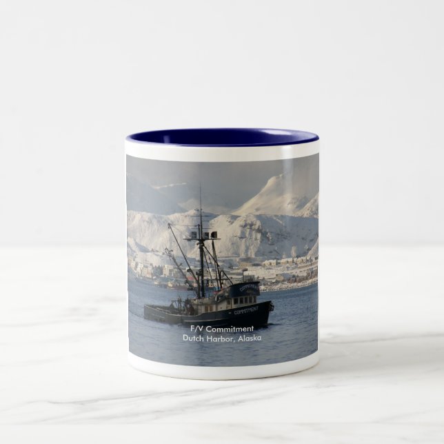 Commitment, Longliner in Dutch Harbor, Alaska Two-Tone Coffee Mug (Center)