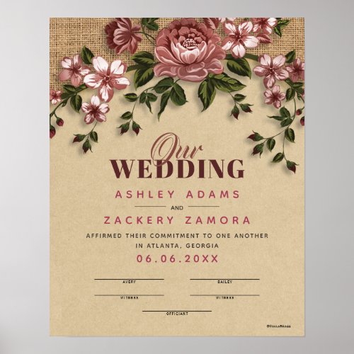 Commitment Wine Floral Lace Wedding Certificate Poster
