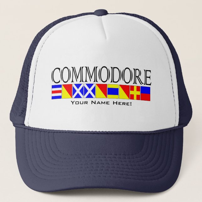Commodore Title in Nautical Signal Flags Your Name Trucker Hat (Front)