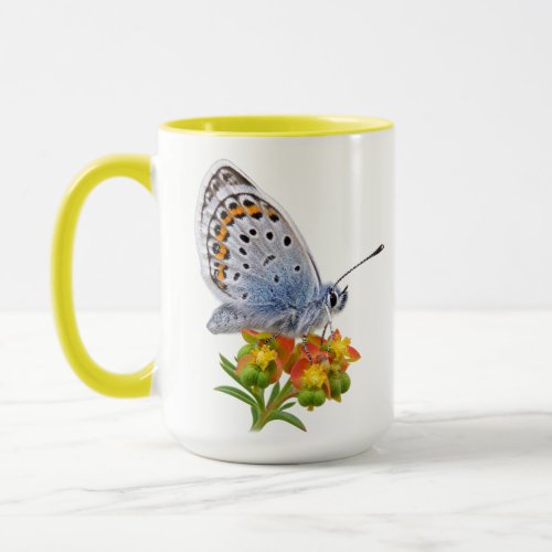 Common Blue Butterfly on Colorful Wildflowers Mug