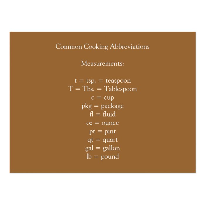 Common Cooking Abbreviations Postcard