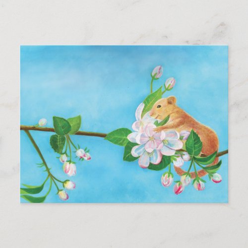 Common Dormouse on blooming branch of apple tree  Holiday Postcard