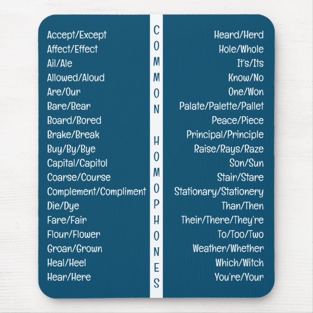 Common Homophones English Spelling Reference Guide Mouse Pad (Front)