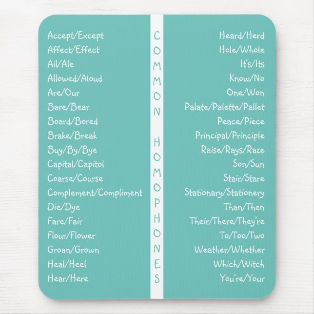 Common Homophones English Spelling Reference Guide Mouse Pad (Front)