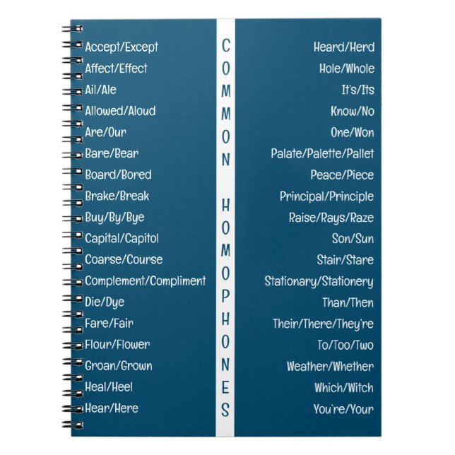 Common Homophones English Spelling Reference Guide Notebook (Front)