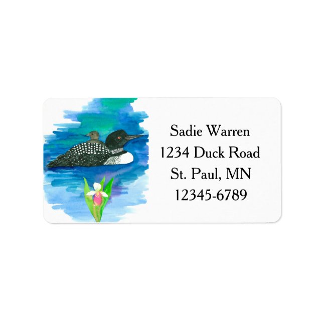 Common Loon Bird Lady's Slipper Return Address Label (Front)