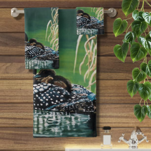 Common Loon Family Lake Wildlife Nature Green Bath Towel Set