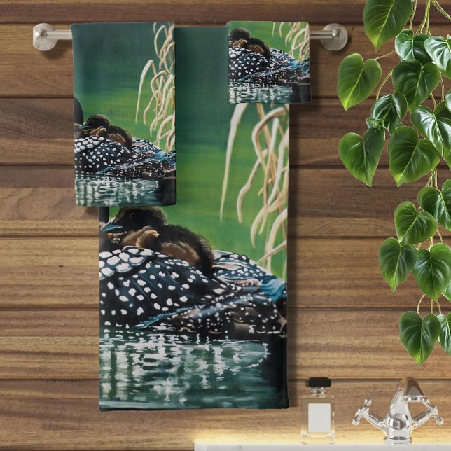 Common Loon Family Lake Wildlife Nature Green Bath Towel Set (Creator Uploaded)