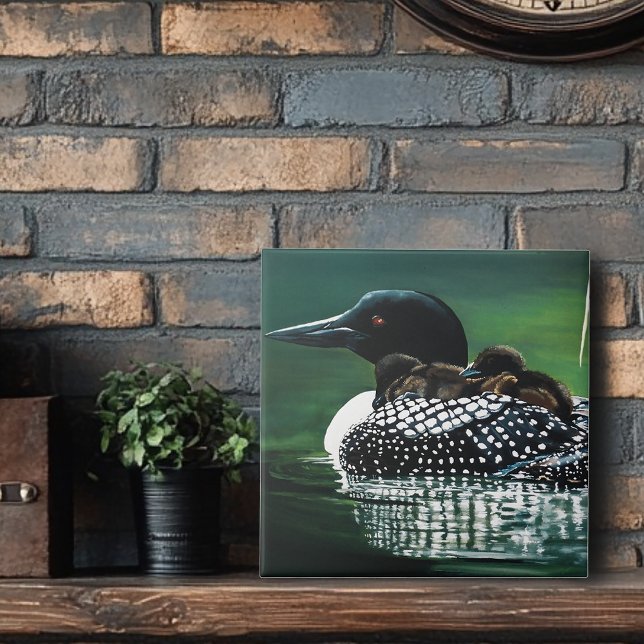 Common Loon Family Lake Wildlife Nature Green Ceramic Tile (Creator Uploaded)