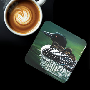 Common Loon Family Lake Wildlife Nature Green Coaster
