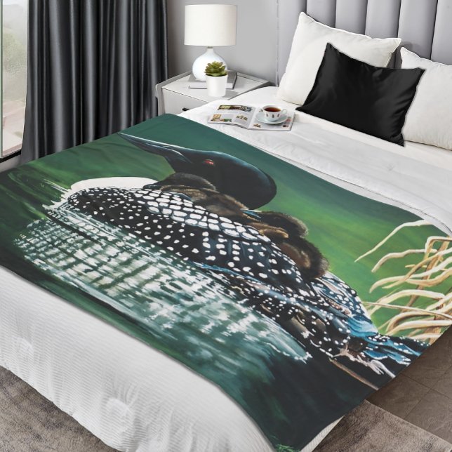 Common Loon Family Lake Wildlife Nature Green Fleece Blanket (Creator Uploaded)
