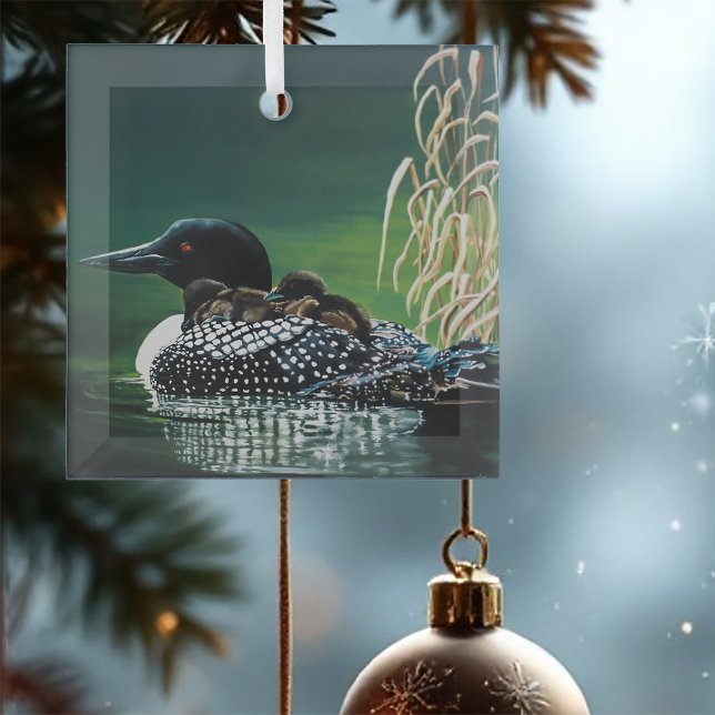 Common Loon Family Lake Wildlife Nature Green Glass Ornament (Creator Uploaded)