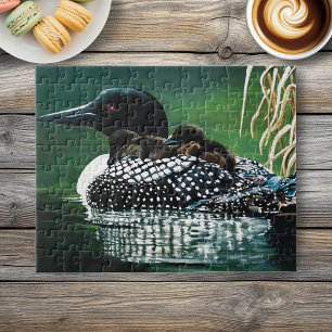Common Loon Family Lake Wildlife Nature Green Jigsaw Puzzle