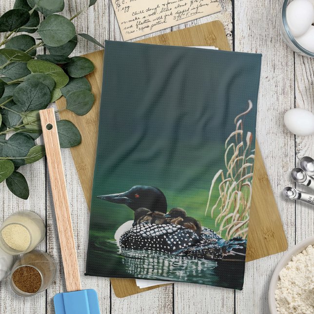 Common Loon Family Lake Wildlife Nature Green Kitchen Towel (Creator Uploaded)
