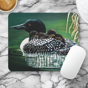 Common Loon Family Lake Wildlife Nature Green Mouse Pad