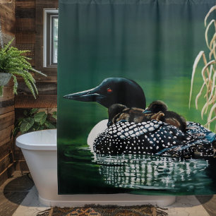 Common Loon Family Lake Wildlife Nature Green Shower Curtain