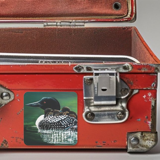 Common Loon Family Lake Wildlife Nature Green Square Sticker (Creator Uploaded)