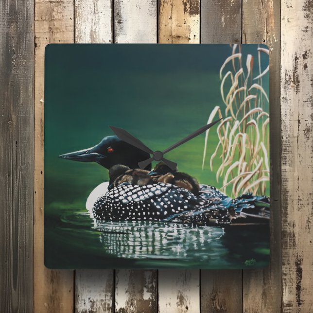 Common Loon Family Lake Wildlife Nature Green Square Wall Clock (Creator Uploaded)