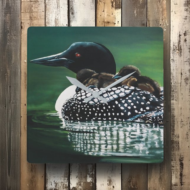 Common Loon Family Lake Wildlife Nature Green Square Wall Clock (Creator Uploaded)