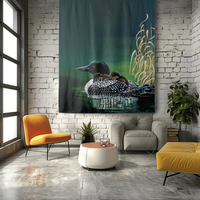 Common Loon Family Lake Wildlife Nature Green Tapestry (Creator Uploaded)