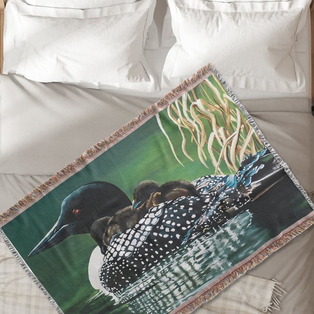 Common Loon Family Lake Wildlife Nature Green Throw Blanket (Creator Uploaded)