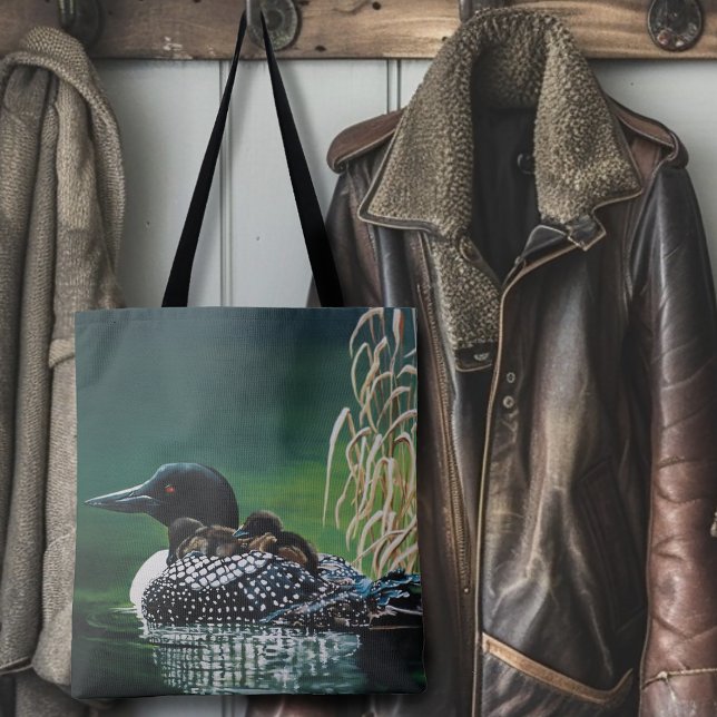 Common Loon Family Lake Wildlife Nature Green Tote Bag (Creator Uploaded)