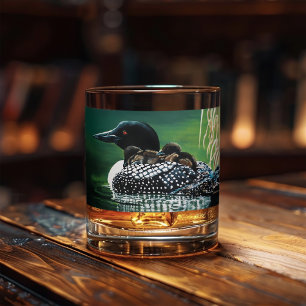 Common Loon Family Lake Wildlife Nature Green Whiskey Glass