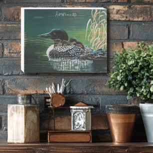 Common Loon Family Lake Wildlife Nature Green Wooden Box Sign
