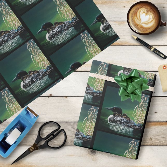 Common Loon Family Lake Wildlife Nature Green Wrapping Paper (Creator Uploaded)