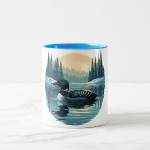 Common Loon - Retro Winter Cabin Christmas Design Two-Tone Coffee Mug