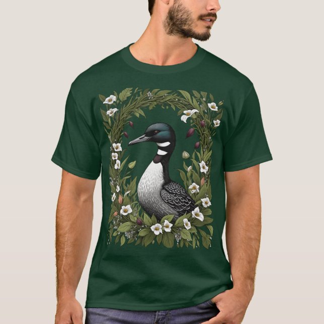 Common Loon Surrounded By Ladys Slipper Flowers 2  T-Shirt (Front)