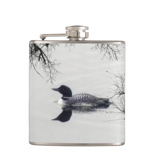 Common Loon Swims in a Northern Lake in Winter Flask