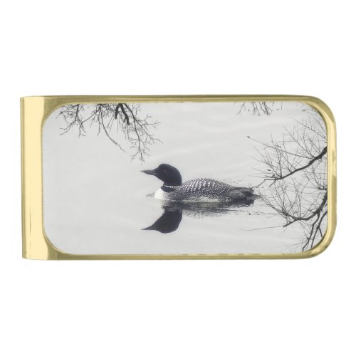 Common Loon Swims in a Northern Lake in Winter Gold Finish Money Clip