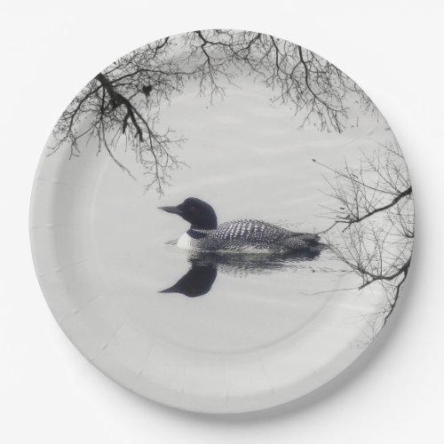 Common Loon Swims in a Northern Lake in Winter Paper Plates