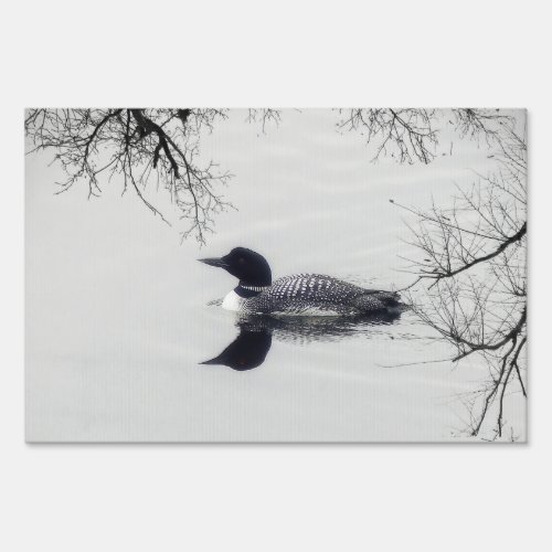 Common Loon Swims in a Northern Lake in Winter Sign