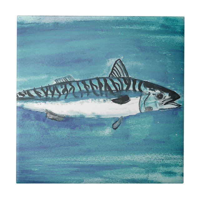 Common Mackerel Fish Watercolor Blue Nautical  Ceramic Tile (Front)