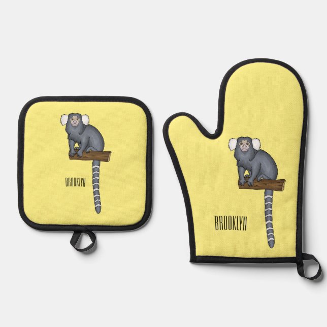 Common marmoset cartoon illustration oven mitt & pot holder set (Front)