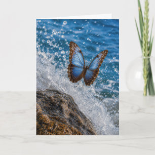 Common Morpho Butterfly Flying Over Ocean Rock Card