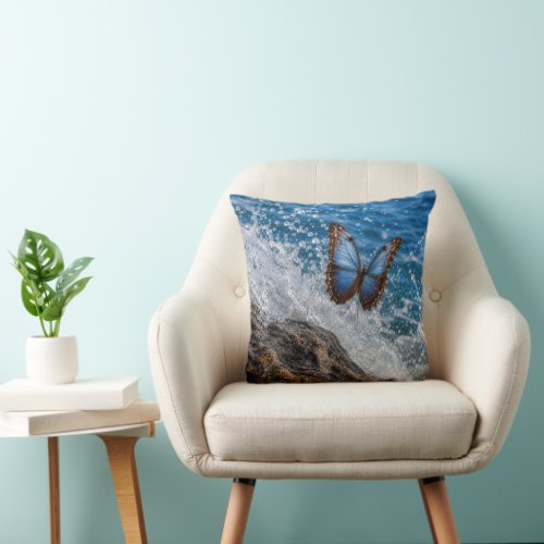 Common Morpho Butterfly Flying Over Ocean Rock Throw Pillow
