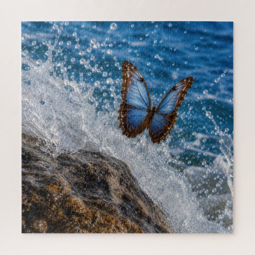 Common Morpho Butterfly Hovering Over Ocean Rock Jigsaw Puzzle