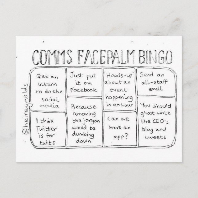 Comms Facepalm Bingo Round 1 Postcard (Front)