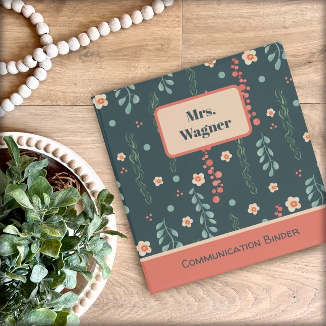 Communication Pretty Teal Floral Custom Teacher 3 Ring Binder (Creator Uploaded)