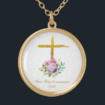*~* Communion AP35 Christian Confirmation Cross Gold Plated Necklace<br><div class="desc">(( search id AP35 for similar designs and AP40 )) Flowers , Floral Bouquet of Flowers at the base of a rustic plain Gold Jesus Cross. Remove , resize and edit whatever elements you want and can. Convert the design for any good vibe purpose you want. Transfer it to any...</div>