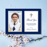 Communion Baptism Confirmation Navy Boy PHOTO Thank You Card<br><div class="desc">Lovely modern thank you cards with Photo for First Holy Communion,  Baptism / Christening,  Confirmation religious ceremony.  Navy blue with white stripes and faix silver cross with frame.</div>