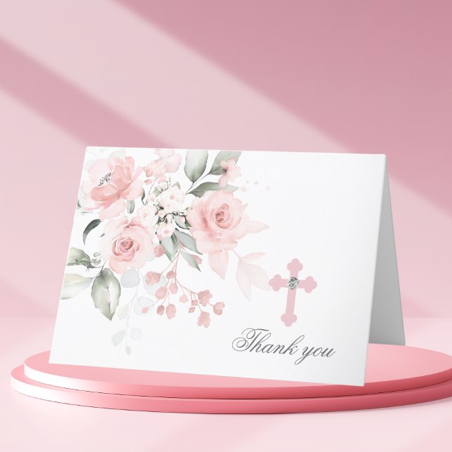 Communion Baptism Thank You Pink Watercolor Floral Card (Creator Uploaded)