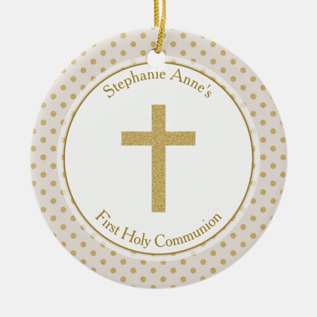 Communion Beige with Gold Polka Dots Ceramic Ornament (Front)