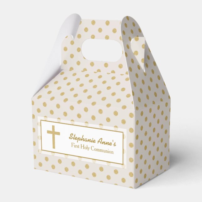 Communion Beige with Gold Polka Dots Favor Boxes (Front Side)